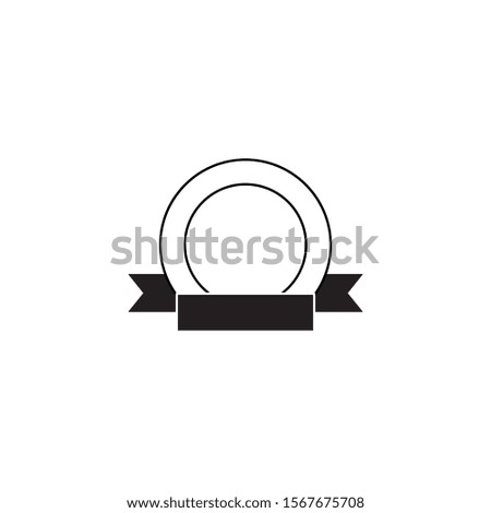 Blank circle badge template with empty ribbon flag decoration on bottom. Double round stamp with copy space isolated on white background - vector illustration.