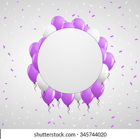 blank circle badge and violet balloons and confetti