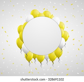 blank circle badge and yellow balloons and confetti