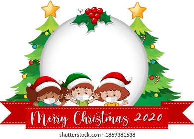 Blank circle banner with Merry Christmas 2020 font logo and kids wear mask illustration