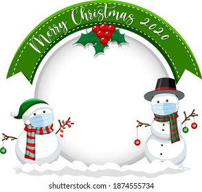 Blank Circle Banner With Merry Christmas 2020 And Snowman Wear Mask Illustration