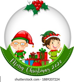 Blank circle banner with Merry Christmas 2020 and cute elf  illustration