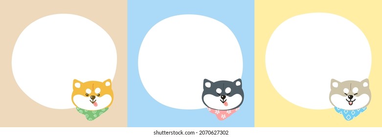 Blank circle with cute Shiba dog heads cartoon various color. Note template for message. Background for announcement, print, banner, pet shop, school, kids. Flat vector illustration.