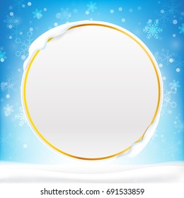 Blank circle frame with copy space and winter snow flake falling into snow floor  and lighting over blue abstract background for winter celebration and christmas promotion template vector illustration