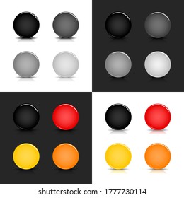 Blank circle glossy button. Empty rounded glassy icon. Clean polished shape with shadow, reflection on white, gray background. Black, gray, red, orange, yellow colors. Vector illustration 8 EPS