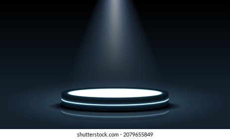 Blank circle podium illuminated light for product. white glowing ring and a glossy floor on studio background. Vector illustration