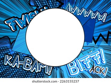 Blank Circle shape on Blue Cartoon vector Comic Book background. Pop art comics Illustration. 