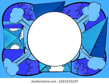 Blank Circle shape on Blue Cartoon vector Comic Book background. Pop art comics Illustration. 