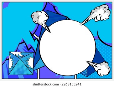 Forma Círculo en blanco sobre el fondo del libro de historietas del vector de dibujos animados azules. Historietas de arte pop Ilustración. 