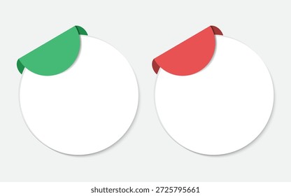 Etiquetas engomadas en blanco del círculo con el doblez de esquina rizado verde y rojo, etiquetas de papel redondas para la promoción de la venta, descuento y Ilustración vectorial de diseño de la insignia del Precio.