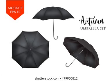 Blank Classic Opened Round Rain Umbrella ,Parasol Sunshade. Mock up Close up on White Background set. Front, top Side View,Black Vector illustration image for advertising, poster, banner, print design