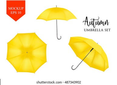 Blank Classic Opened Round Rain Umbrella ,Parasol Sunshade. Mock up Close up on White Background set. Front top Side View,Orange Vector illustration image for advertising, poster, banner, print design