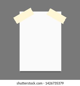 blank clean white paper attached to the yellow adhesive tape on the grey wall background. vector illustration