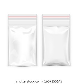 Blank Clear Bag Filled Plastic Pouch Packaging With Zipper Or Ziplock. EPS10 Vector