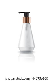 Blank clear cosmetic cone shape bottle with pump head for beauty product packaging. Isolated on white background with reflection shadow. Ready to use for package design. Vector illustration.