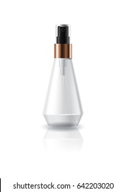 Blank clear cosmetic cone shape bottle with press spray head for beauty product packaging. Isolated on white background with reflection shadow. Ready to use for package design. Vector illustration.