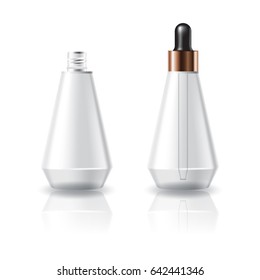 Blank clear cosmetic cone shape bottle with dropper lid for beauty product packaging. Isolated on white background with reflection shadow. Ready to use for package design. Vector illustration.