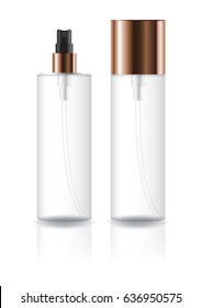Blank clear cosmetic cylinder bottle with spray head and lid for beauty product packaging. Isolated on white background with reflection shadow. Ready to use for package design. Vector illustration.