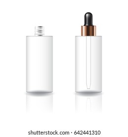 Blank clear cosmetic cylinder bottle with dropper lid for beauty product packaging. Isolated on white background with reflection shadow. Ready to use for package design. Vector illustration.