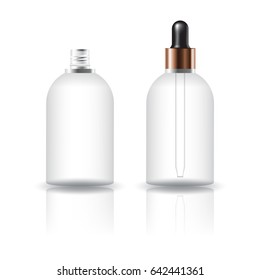 Blank clear cosmetic round bottle with dropper lid for beauty product packaging. Isolated on white background with reflection shadow. Ready to use for package design. Vector illustration.