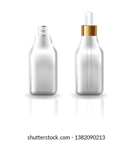 Blank clear cosmetic square bottle with white-gold dropper lid for beauty product mockup template. Isolated on white background with shadow. Ready to use for package design. Vector illustration.