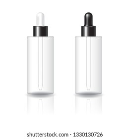 Blank clear cylinder cosmetic bottle with white and black dropper lid mockup template. Isolated on white background with reflection shadow. Ready to use for package design. Vector illustration.