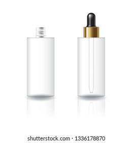 Blank clear cylinder cosmetic bottle with black-gold dropper lid product mockup template. Isolated on white background with reflection shadow. Ready to use for package design. Vector illustration.