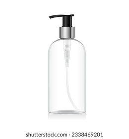 Blank clear glass bottle mockup with silver pump isolated on white background. Transparent plastic packaging. Shampoo, sanitizer or liquid soap dispenser. 3d vector cosmetic bottle mockup template.