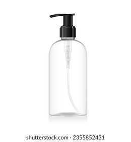 Blank clear glass bottle mockup with black pump isolated on white background. Transparent plastic packaging. Shampoo, sanitizer or liquid soap dispenser. 3d vector cosmetic bottle mockup template