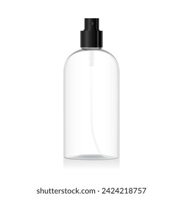 Blank clear glass bottle mockup with open black spray isolated on white background. Transparent plastic packaging. Spray dispenser. Packaging for beauty product, conditioner. Cosmetic bottle