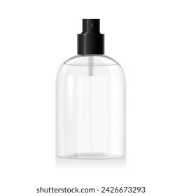 Blank clear glass bottle mockup with open black spray isolated on white background. Transparent plastic packaging. Spray dispenser. Packaging for beauty product, conditioner. Cosmetic bottle