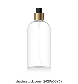 Blank clear glass bottle mockup with open golden spray isolated on white background. Transparent plastic packaging. Spray dispenser. Packaging for beauty product, conditioner. Cosmetic bottle