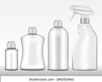 Blank clear plastic bottles filled with liquid. Transparent containers. Cleansers, detergents. Household products. Vector mockup set.