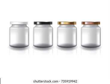 Blank clear round jar with 4 colors flat lid for supplements or food product. Isolated on white background with reflection shadow. Ready to use for package design. Vector illustration.