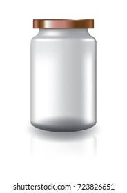 Blank clear round jar with copper lid high size for supplements or food product. Isolated on white background with reflection shadow. Ready to use for package design. Vector illustration.