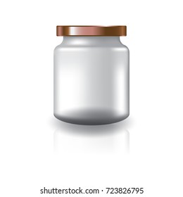Blank clear round jar with copper lid for supplements or food product. Isolated on white background with reflection shadow. Ready to use for package design. Vector illustration.