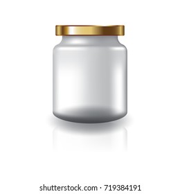 Blank clear round jar with gold lid for supplements or food product. Isolated on white background with reflection shadow. Ready to use for package design. Vector illustration.