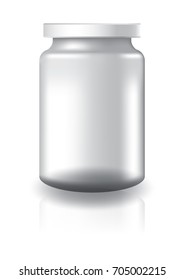 Blank clear round jar with white lid medium high size for supplements or food product. Isolated on white background with reflection shadow. Ready to use for package design. Vector illustration.