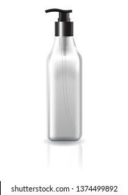 Blank clear square cosmetic bottle with black pump head for beauty product mockup template. Isolated on white background with reflection shadow. Ready to use for package design. Vector illustration.