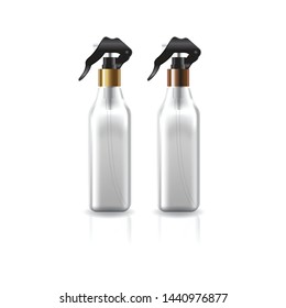 Blank clear square cosmetic bottle with gold-copper spray head for beauty or healthy product. Isolated on white background with shadow. Ready to use for package design. Vector illustration.