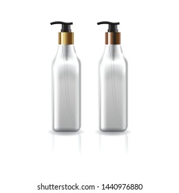 Blank clear square cosmetic bottle with gold-copper pump head for beauty or healthy product. Isolated on white background with shadow. Ready to use for package design. Vector illustration.