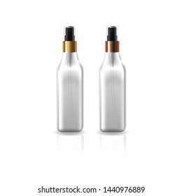 Blank clear square cosmetic bottle with gold-copper press spray head for beauty or healthy product. Isolated on white background with shadow. Ready to use for package design. Vector illustration.