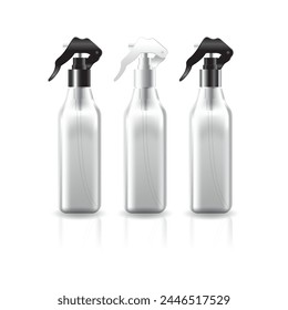 Blank clear square cosmetic bottle with black-white-silver spray head for beauty, healthy or food product. Isolated on white background. Ready to use for package design. Vector illustration.