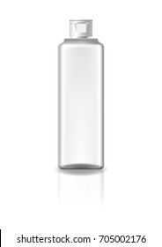 Blank clear square cosmetic bottle with white cap lid for beauty or healthy product. Isolated on white background with reflection shadow. Ready to use for package design. Vector illustration.