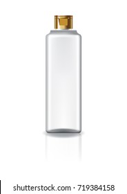 Blank clear square cosmetic bottle with gold cap lid for beauty or healthy product. Isolated on white background with reflection shadow. Ready to use for package design. Vector illustration.