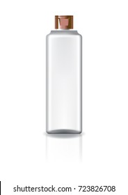 Blank clear square cosmetic bottle with copper cap lid for beauty or healthy product. Isolated on white background with reflection shadow. Ready to use for package design. Vector illustration.