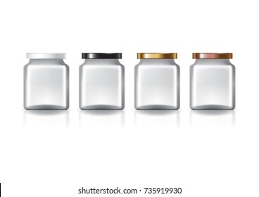Blank clear square jar with 4 colors flat lid for supplements or food product. Isolated on white background with reflection shadow. Ready to use for package design. Vector illustration.