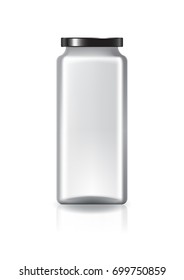 Blank clear square jar with black lid high size for supplements or food product. Isolated on white background with reflection shadow. Ready to use for package design. Vector illustration.