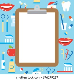blank clipboard and dental care products: tooth paste, tooth brush, cup, apple, smiling teeth, white tooth, dental floss, and mouthwash