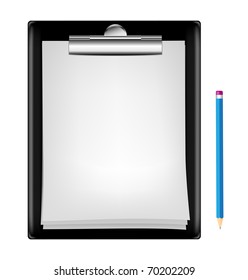 blank clipboard with an empty sheet of paper and pencil isolated on the white background